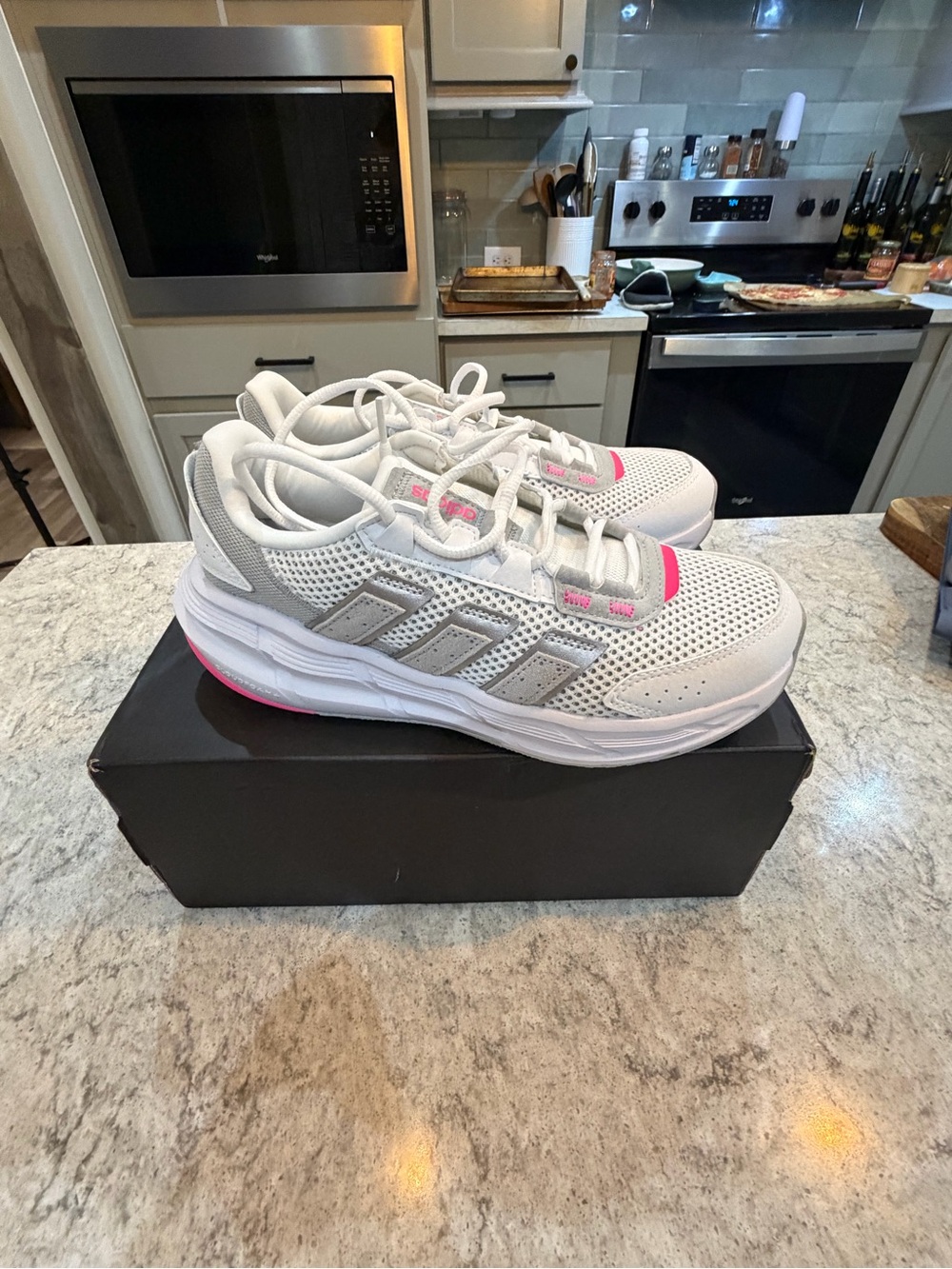 Women's White Adidas Astrastar Sneakers with Pink Accents - Picture 5 of 6